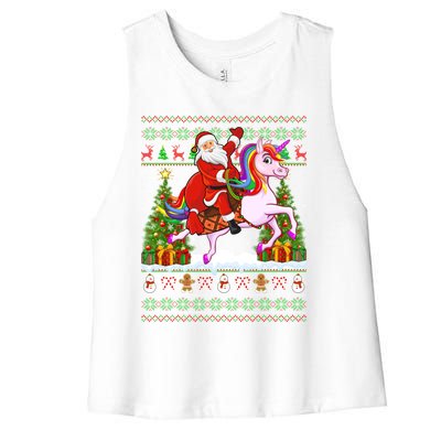 Unicorn Xmas Sweater Ugly Santa Riding Unicorn Christmas Gift Women's Racerback Cropped Tank