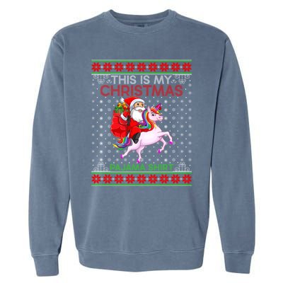 Ugly Xmas Sweater Style Santa Riding Unicorn Christmas Funny Gift Garment-Dyed Sweatshirt