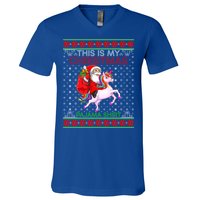 Ugly Xmas Sweater Style Santa Riding Unicorn Christmas Funny Gift V-Neck T-Shirt