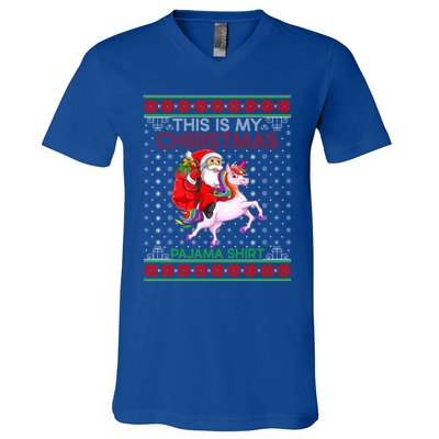 Ugly Xmas Sweater Style Santa Riding Unicorn Christmas Funny Gift V-Neck T-Shirt