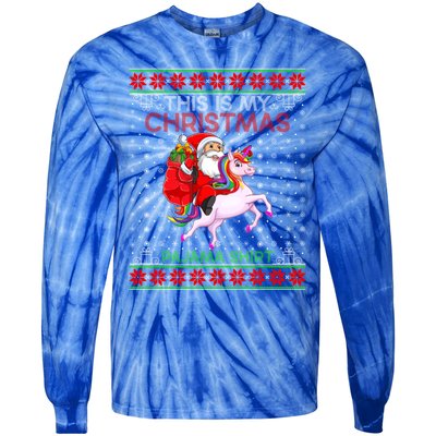 Ugly Xmas Sweater Style Santa Riding Unicorn Christmas Funny Gift Tie-Dye Long Sleeve Shirt