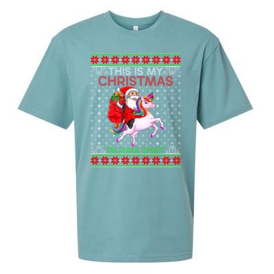 Ugly Xmas Sweater Style Santa Riding Unicorn Christmas Funny Gift Sueded Cloud Jersey T-Shirt