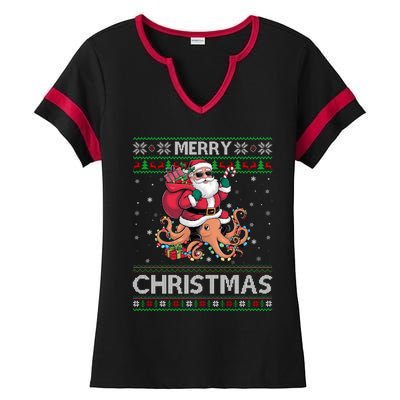 Ugly Xmas Style Santa Riding Octopus Christmas Great Gift Ladies Halftime Notch Neck Tee