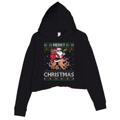 Ugly Xmas Style Santa Riding Octopus Christmas Great Gift Crop Fleece Hoodie