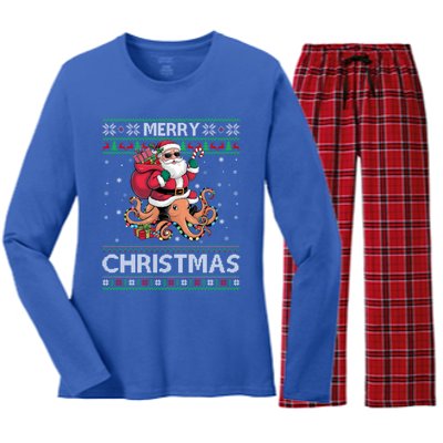 Ugly Xmas Style Santa Riding Octopus Christmas Great Gift Women's Long Sleeve Flannel Pajama Set 