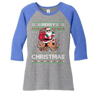 Ugly Xmas Style Santa Riding Octopus Christmas Great Gift Women's Tri-Blend 3/4-Sleeve Raglan Shirt