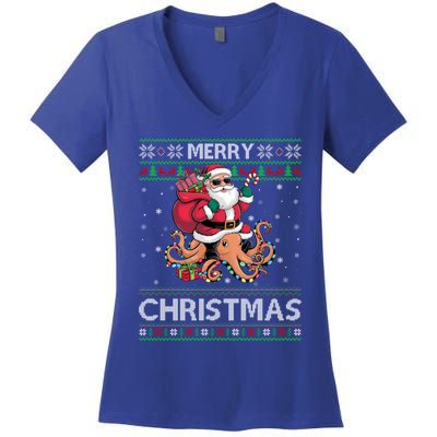 Ugly Xmas Style Santa Riding Octopus Christmas Great Gift Women's V-Neck T-Shirt