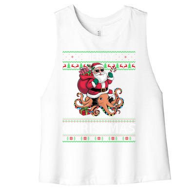 Ugly Xmas Style Santa Riding Octopus Christmas Great Gift Women's Racerback Cropped Tank