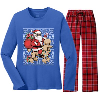 Ugly Xmas Style Santa Riding Poodle Dog Christmas Meaningful Gift Women's Long Sleeve Flannel Pajama Set 