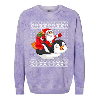 Ugly Xmas Sweater Style Santa Riding Penguin Christmas Gift Colorblast Crewneck Sweatshirt