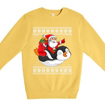 Ugly Xmas Sweater Style Santa Riding Penguin Christmas Gift Premium Crewneck Sweatshirt