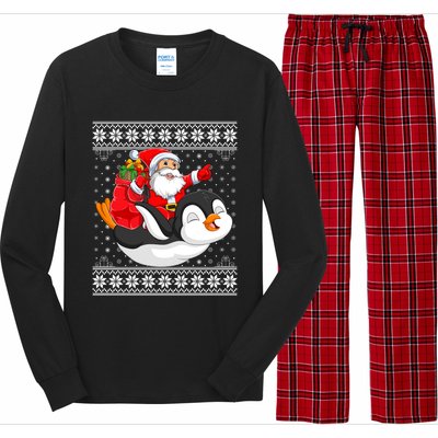 Ugly Xmas Sweater Style Santa Riding Penguin Christmas Gift Long Sleeve Pajama Set