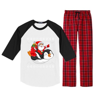 Ugly Xmas Sweater Style Santa Riding Penguin Christmas Gift Raglan Sleeve Pajama Set