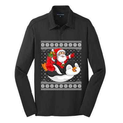 Ugly Xmas Sweater Style Santa Riding Penguin Christmas Gift Silk Touch Performance Long Sleeve Polo