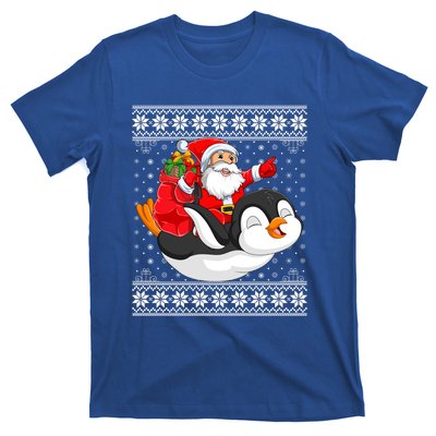 Ugly Xmas Sweater Style Santa Riding Penguin Christmas Gift T-Shirt