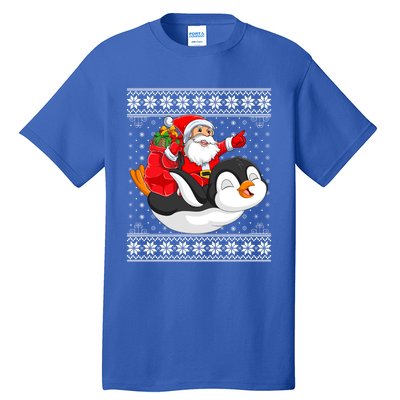 Ugly Xmas Sweater Style Santa Riding Penguin Christmas Gift Tall T-Shirt