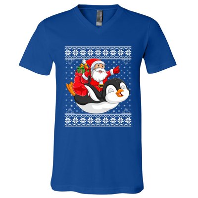 Ugly Xmas Sweater Style Santa Riding Penguin Christmas Gift V-Neck T-Shirt