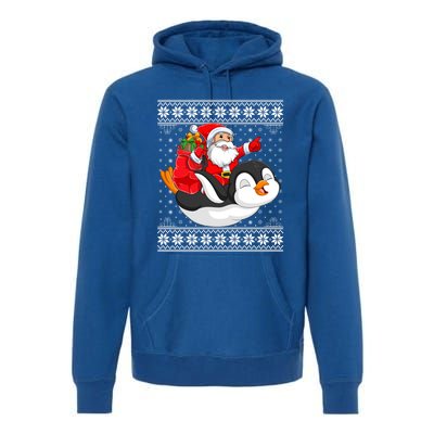 Ugly Xmas Sweater Style Santa Riding Penguin Christmas Gift Premium Hoodie