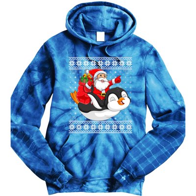 Ugly Xmas Sweater Style Santa Riding Penguin Christmas Gift Tie Dye Hoodie