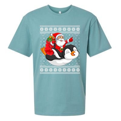 Ugly Xmas Sweater Style Santa Riding Penguin Christmas Gift Sueded Cloud Jersey T-Shirt