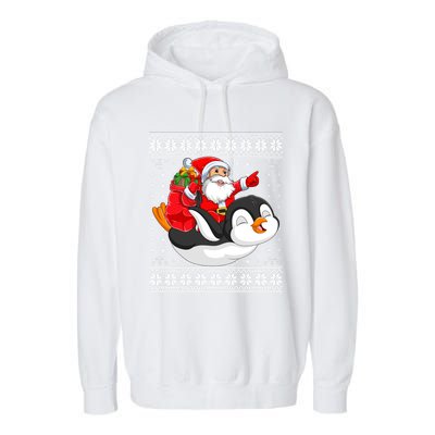 Ugly Xmas Sweater Style Santa Riding Penguin Christmas Gift Garment-Dyed Fleece Hoodie