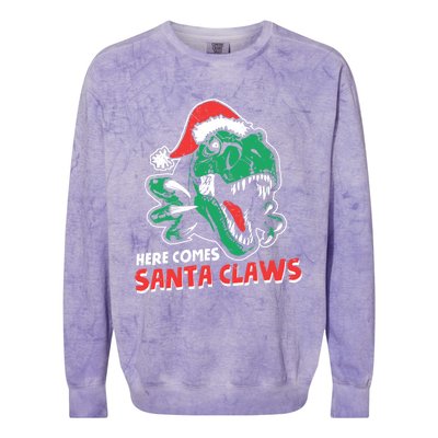 Ugly Xmas Sweaters: Dinosaur Here Comes Santa Claws Claus Gift Colorblast Crewneck Sweatshirt