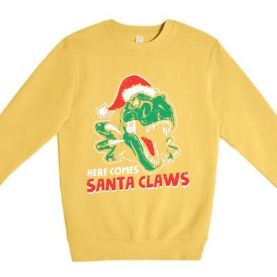 Ugly Xmas Sweaters: Dinosaur Here Comes Santa Claws Claus Gift Premium Crewneck Sweatshirt