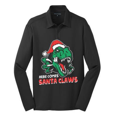 Ugly Xmas Sweaters: Dinosaur Here Comes Santa Claws Claus Gift Silk Touch Performance Long Sleeve Polo