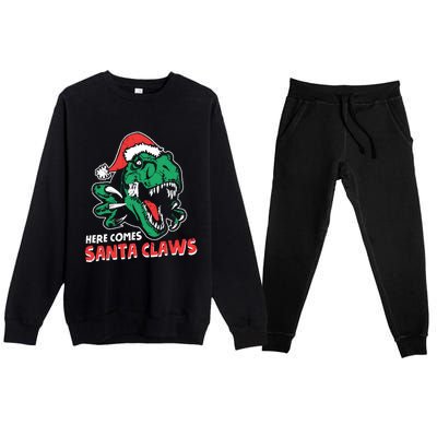 Ugly Xmas Sweaters: Dinosaur Here Comes Santa Claws Claus Gift Premium Crewneck Sweatsuit Set