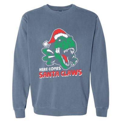 Ugly Xmas Sweaters: Dinosaur Here Comes Santa Claws Claus Gift Garment-Dyed Sweatshirt