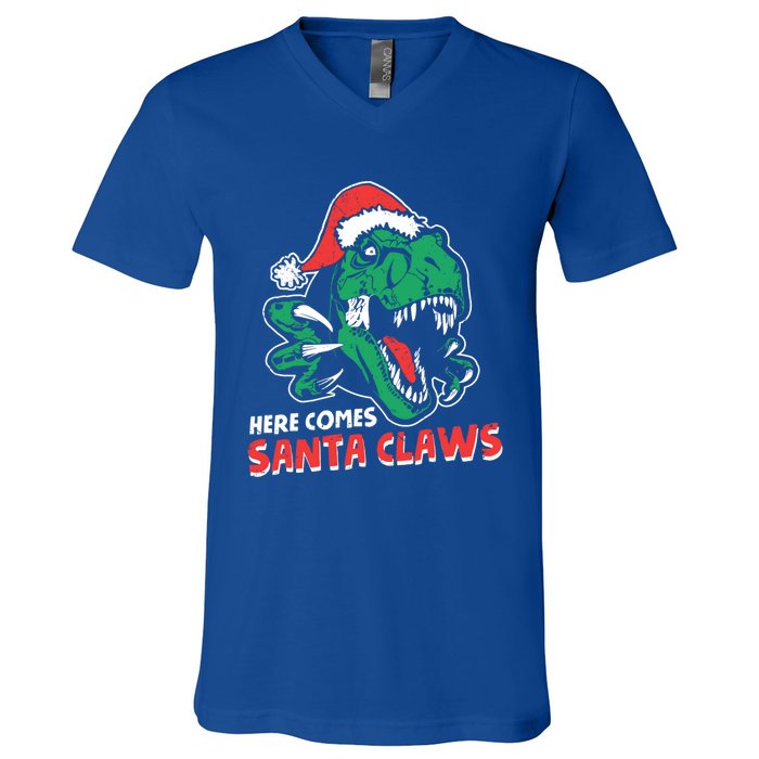 Ugly Xmas Sweaters: Dinosaur Here Comes Santa Claws Claus Gift V-Neck T-Shirt