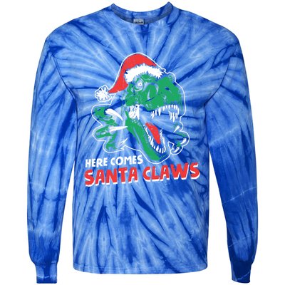 Ugly Xmas Sweaters: Dinosaur Here Comes Santa Claws Claus Gift Tie-Dye Long Sleeve Shirt