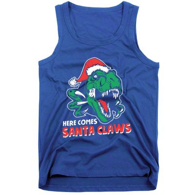 Ugly Xmas Sweaters: Dinosaur Here Comes Santa Claws Claus Gift Tank Top