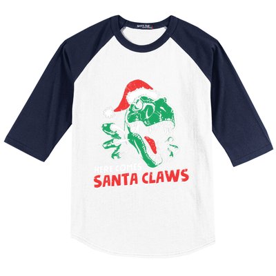 Ugly Xmas Sweaters: Dinosaur Here Comes Santa Claws Claus Gift Baseball Sleeve Shirt