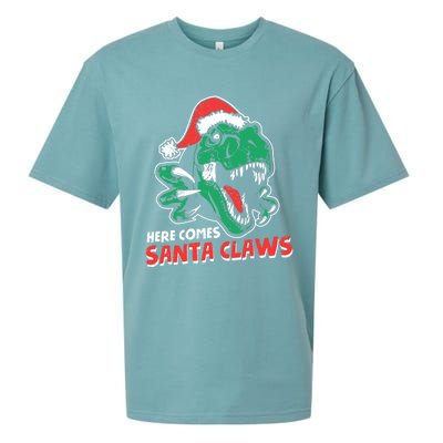 Ugly Xmas Sweaters: Dinosaur Here Comes Santa Claws Claus Gift Sueded Cloud Jersey T-Shirt