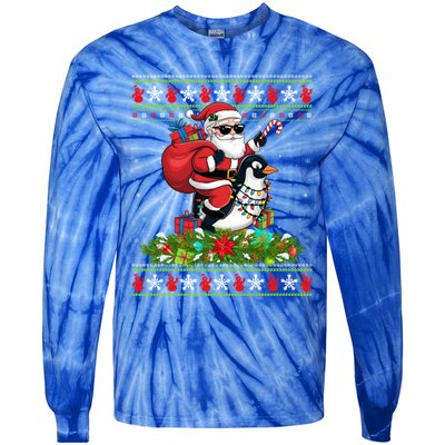 Ugly Xmas Style Santa Riding Penguin Bird Christmas Funny Gift Tie-Dye Long Sleeve Shirt