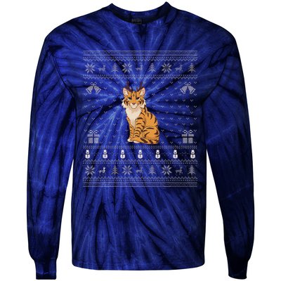 Ugly Xmas Sweater Style Savannah Cat Reindeer Christmas Tie-Dye Long Sleeve Shirt