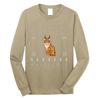 Ugly Xmas Sweater Style Savannah Cat Reindeer Christmas Long Sleeve Shirt