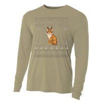 Ugly Xmas Sweater Style Savannah Cat Reindeer Christmas Cooling Performance Long Sleeve Crew