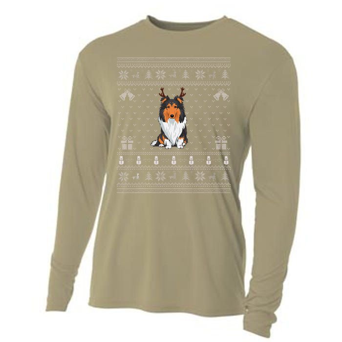 Ugly Xmas Sweater Style Rough Collie Dog Reindeer Christmas Cooling Performance Long Sleeve Crew