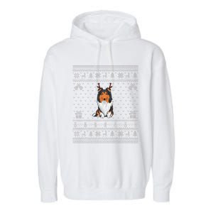 Ugly Xmas Sweater Style Rough Collie Dog Reindeer Christmas Garment-Dyed Fleece Hoodie