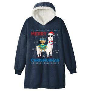 Ugly Xmas Sweater Merry Chrismukkah Cute Llama In Santa Hat Gift Hooded Wearable Blanket