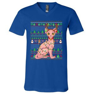 Ugly Xmas Style Lighting Sphynx Cat Christmas Gift V-Neck T-Shirt