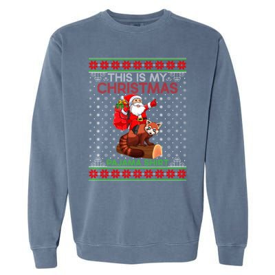 Ugly Xmas Sweater Style Santa Riding Red Panda Christmas Gift Garment-Dyed Sweatshirt