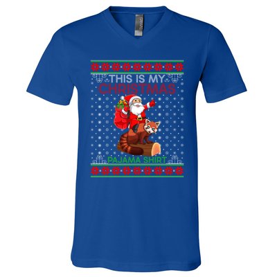 Ugly Xmas Sweater Style Santa Riding Red Panda Christmas Gift V-Neck T-Shirt