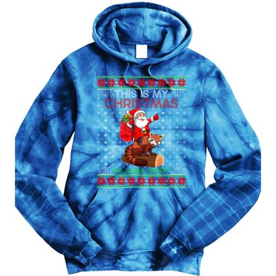 Ugly Xmas Sweater Style Santa Riding Red Panda Christmas Gift Tie Dye Hoodie