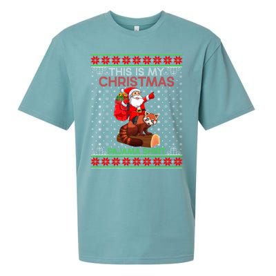 Ugly Xmas Sweater Style Santa Riding Red Panda Christmas Gift Sueded Cloud Jersey T-Shirt