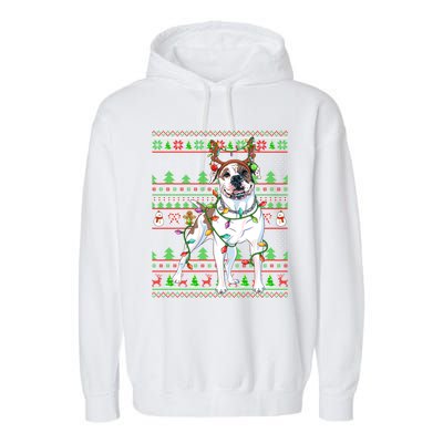 Ugly Xmas Sweater Style Lights American Bulldog Christmas Gift Garment-Dyed Fleece Hoodie