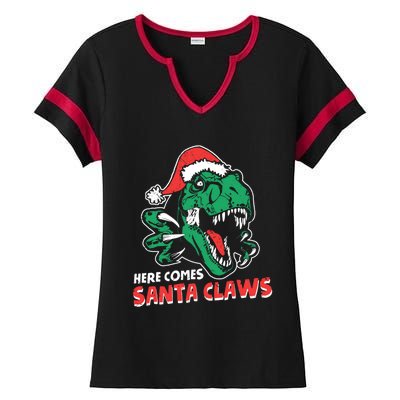 Ugly Xmas Sweaters: Dinosaur Here Comes Santa Claws Claus Cute Gift Ladies Halftime Notch Neck Tee