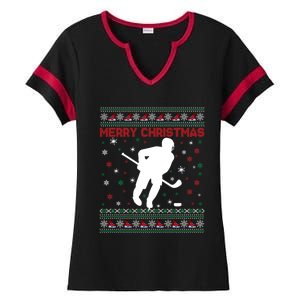 Ugly Xmas Snowflakes Tree Gifts Merry Christmas Ice Hockey Ladies Halftime Notch Neck Tee